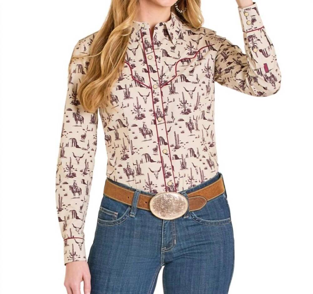 NEW ROCK & ROLL COWGIRL wild west print western shirt in cream